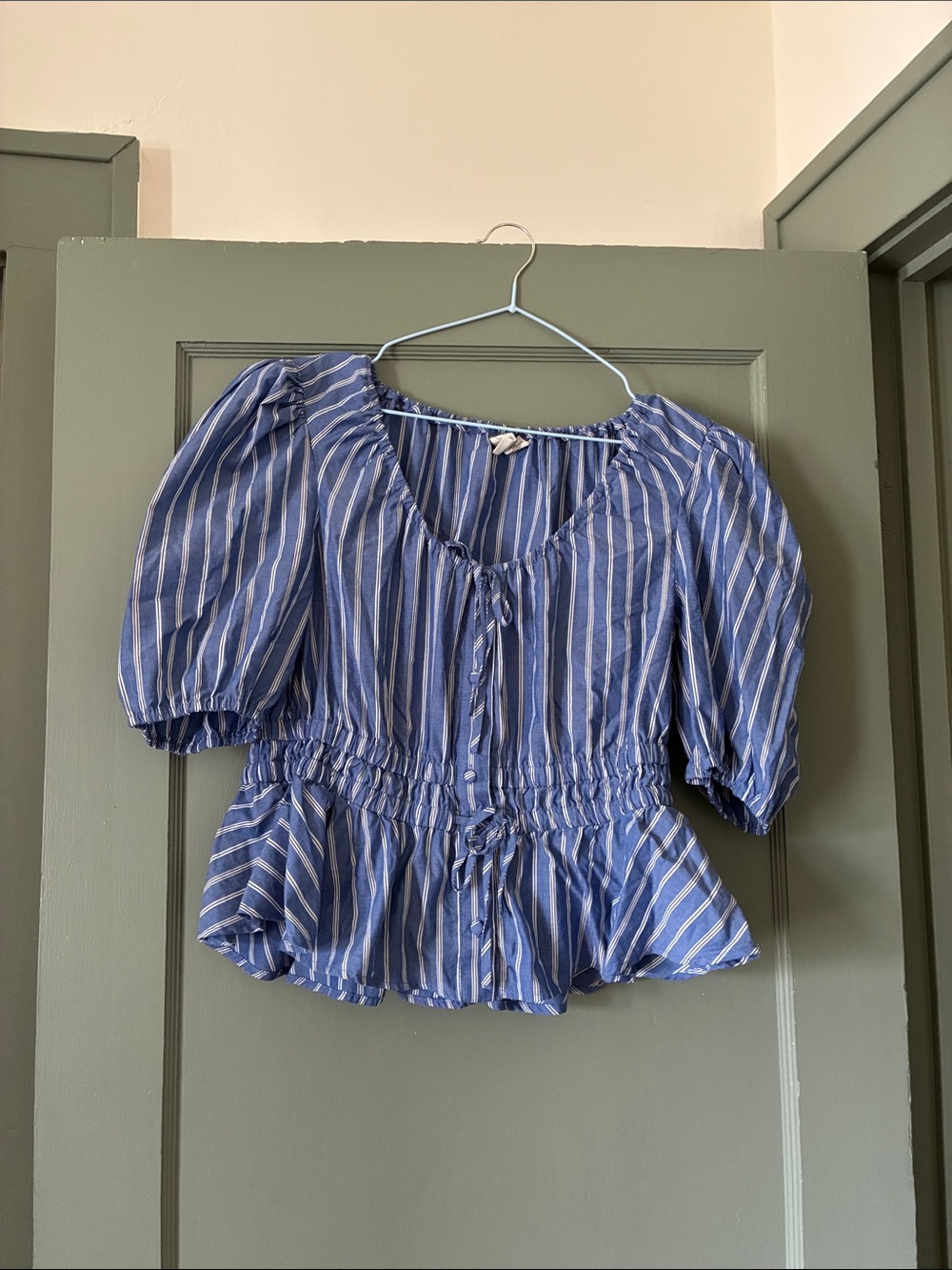 Joie Blue and White Striped Puff-Sleeve Peplum Top